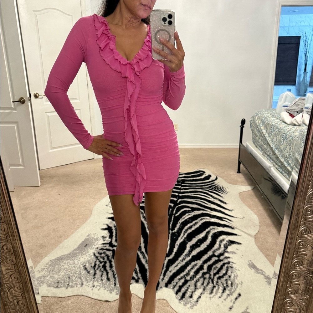 Oh Polly Pink Long Sleeve Ruffle Dress